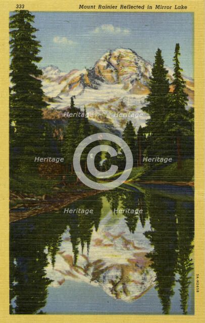 Mount Rainier reflected in Mirror Lake, Washington, USA, 1935. Artist: Unknown