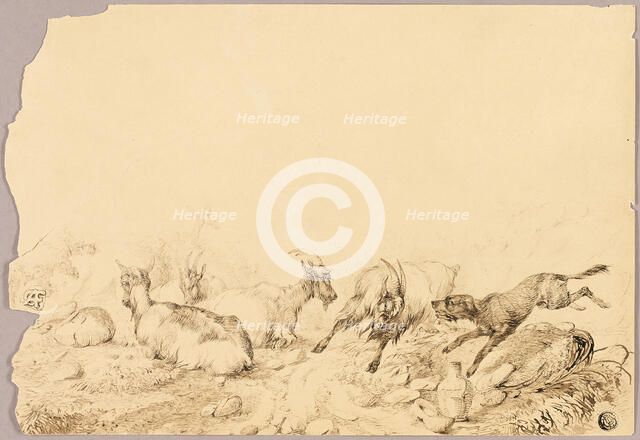 Mountain Goats and Dog, 18th century. Creator: Allwaert of Ghent.