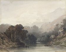 Mountain lake in the shadow of dark trees, behind it light hills and snowy peaks, 1800-1900. Creator: Ernest Ciceri