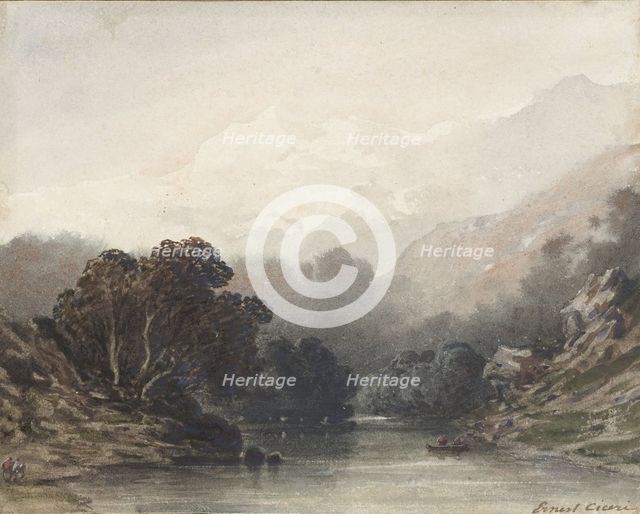 Mountain lake in the shadow of dark trees, behind it light hills and snowy peaks, 1800-1900. Creator: Ernest Ciceri.