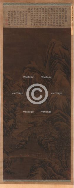 Mountain landscape; a gorge, farm-buildings, a bridge..., Ming or Qing dynasty, 17th century. Creator: Unknown.