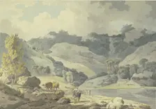Mountain landscape, a girl on horseback on the path, two cows on the left, 1784. Creator: Francis Wheatley
