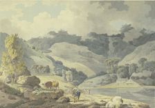 Mountain landscape, a girl on horseback on the path, two cows on the left, 1784. Creator: Francis Wheatley