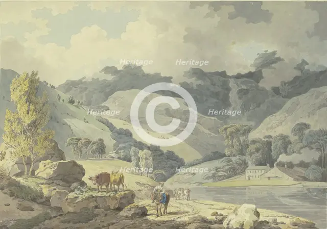 Mountain landscape, a girl on horseback on the path, two cows on the left, 1784. Creator: Francis Wheatley.