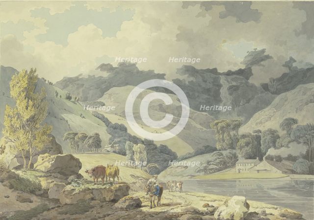 Mountain landscape, a girl on horseback on the path, two cows on the left, 1784. Creator: Francis Wheatley.