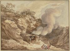 Mountain landscape, a kiln in the centre from which a plume of smoke rises, late 18th century. Creator: Karl Kuntz