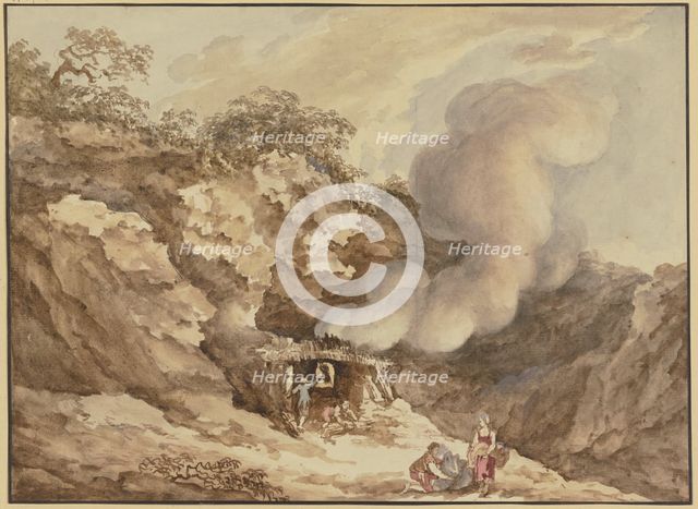 Mountain landscape, a kiln in the centre from which a plume of smoke rises, late 18th century. Creator: Karl Kuntz.