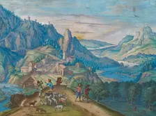 Mountain landscape at nightfall with river valley and figures, 1640. Creator: Besserer, Johann Jacob (ca 1600-after 1657)
