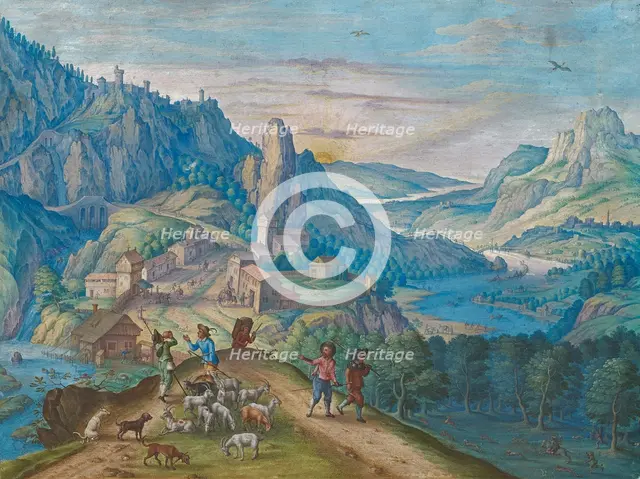 Mountain landscape at nightfall with river valley and figures, 1640. Creator: Besserer, Johann Jacob (ca 1600-after 1657).