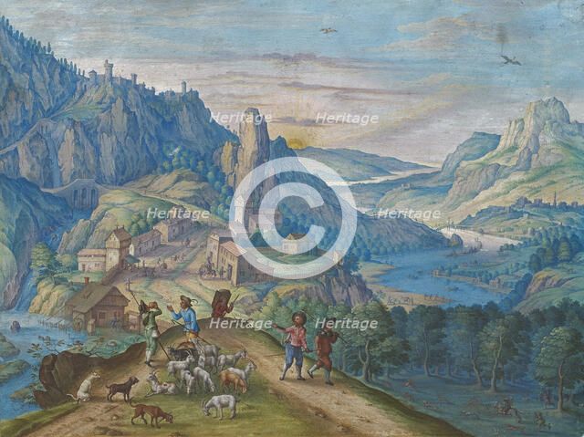 Mountain landscape at nightfall with river valley and figures, 1640. Creator: Besserer, Johann Jacob (ca 1600-after 1657).