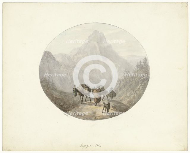 Mountain landscape in Spain, with donkeys, 1812. Creator: Otto Baron Howen.