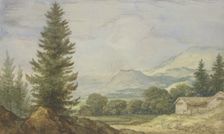Mountain landscape, tall fir trees on the left, two huts on the right. Creator: Allart van Everdingen