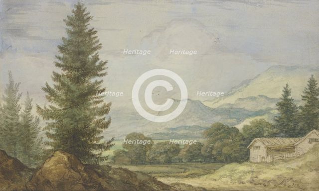 Mountain landscape, tall fir trees on the left, two huts on the right. Creator: Allart van Everdingen.
