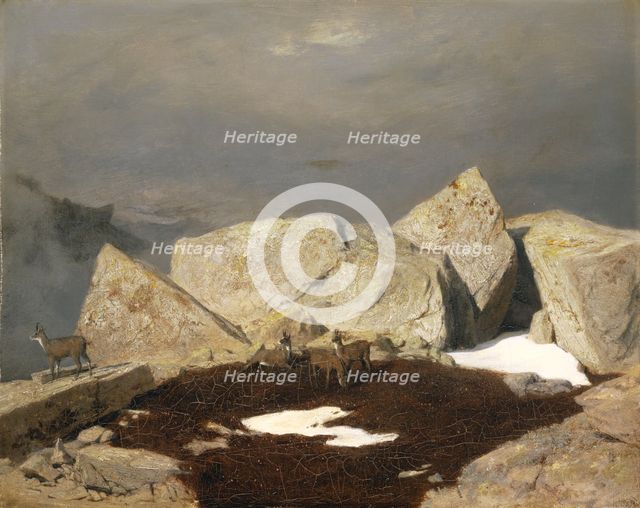 Mountain Landscape with Chamois, 1849. Creator: Arnold Bocklin.