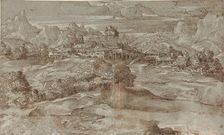 Mountain landscape with a village and a castle