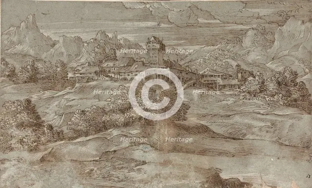 Mountain landscape with a village and a castle.