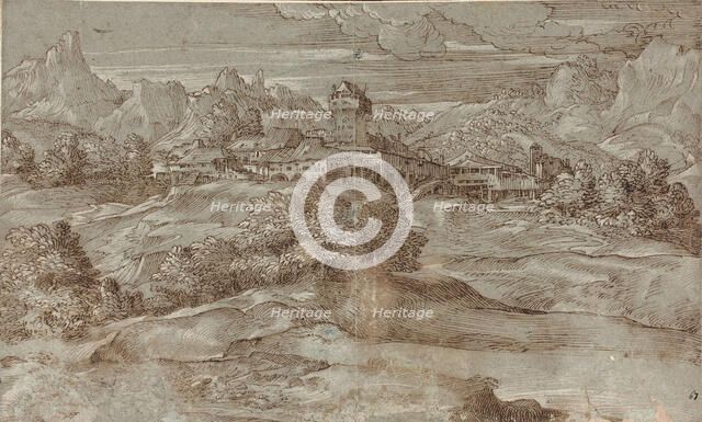 Mountain landscape with a village and a castle.