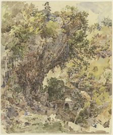Mountain landscape with a bridge and many figures, a magnificent rock formation..., c1841-47. Creator: Johann Nepomuk Rauch