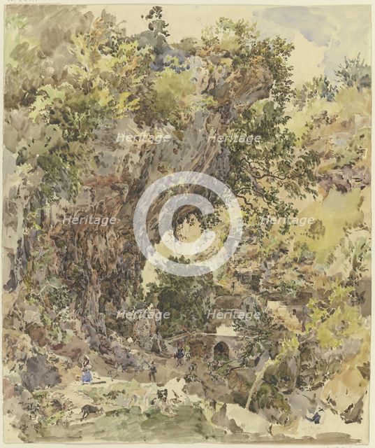 Mountain landscape with a bridge and many figures, a magnificent rock formation..., c1841-47. Creator: Johann Nepomuk Rauch.