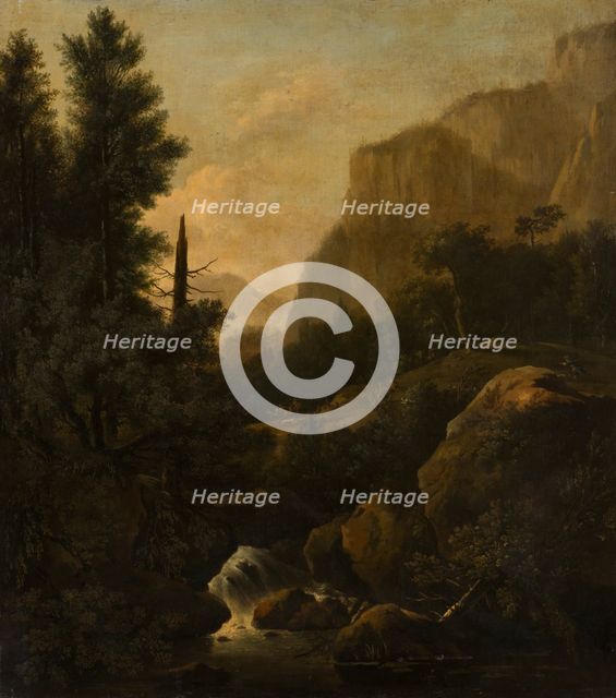 Mountain Landscape with Deer Hunt at a Waterfall, c1668-1669. Creator: Frederik de Moucheron.