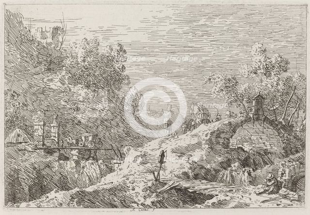 Mountain Landscape with Five Bridges [lower right], c. 1735/1746. Creator: Canaletto.