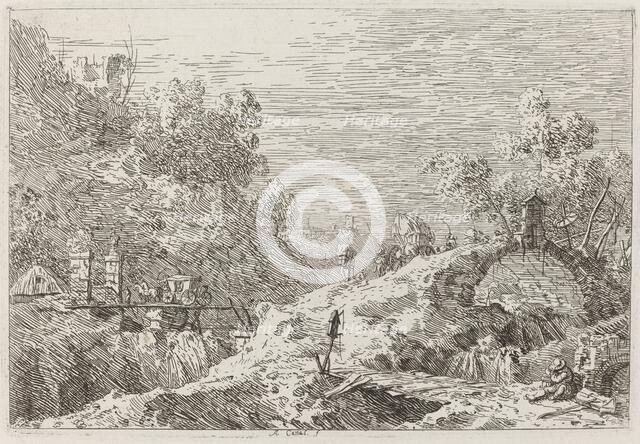 Mountain Landscape with Five Bridges [lower right], c. 1735/1746. Creator: Canaletto.