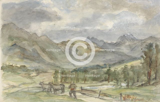 Mountain landscape with herdsman and two cows, 1834-1911. Creator: Jozef Israels.