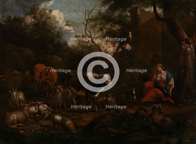 Mountain Landscape with Resting Woman, probably between 1710 and 1760. Creator: Jan van Gool.