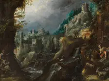 Mountain landscape with rushing river, classical ruins and shepherds, 1590s. Creator: Lambert Doomer