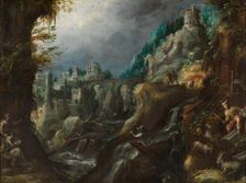 Mountain landscape with rushing river, classical ruins and shepherds, 1590s. Creator: Lambert Doomer