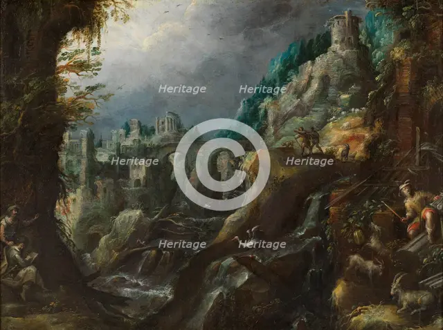 Mountain landscape with rushing river, classical ruins and shepherds, 1590s. Creator: Lambert Doomer.