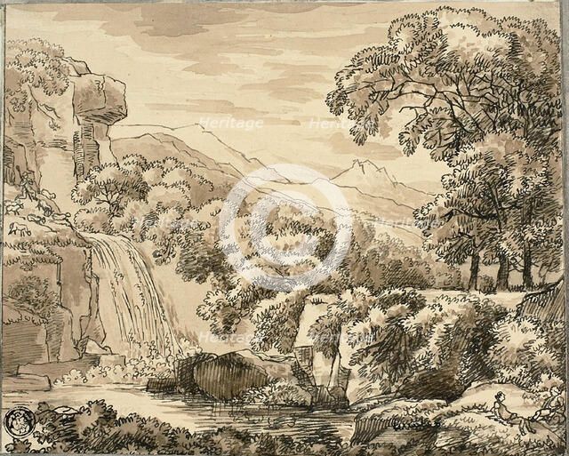Mountain Landscape with Waterfall and Figures, n.d. Creator: Carl August Lebschee.