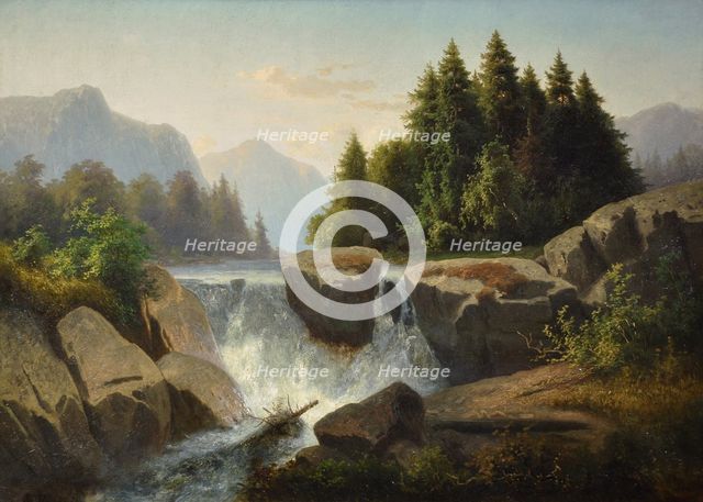 Mountain landscape with waterfall, c. 1853. Artist: Kosárek, Adolf (1830-1859)