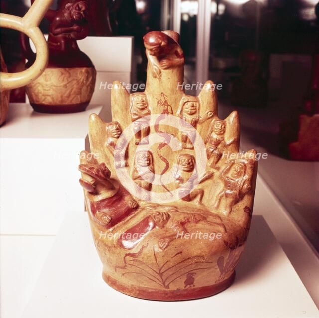 Mountain Sacrifice, Painted stirrup-spout vessel, Mochica Culture, Peru, 1-750. Artist: Unknown.
