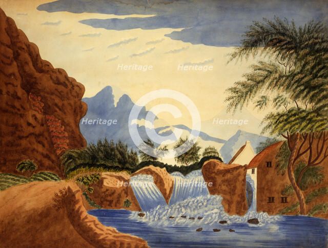 Mountain Scene and Waterwheel, ca. 1820-1870. Creator: Unknown.
