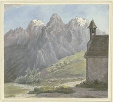 Mountain peak in the Alps, a chapel in the foreground, mid-late 19th century. Creator: Rudolf Maria Bernhard von Stillfried-Alcantara