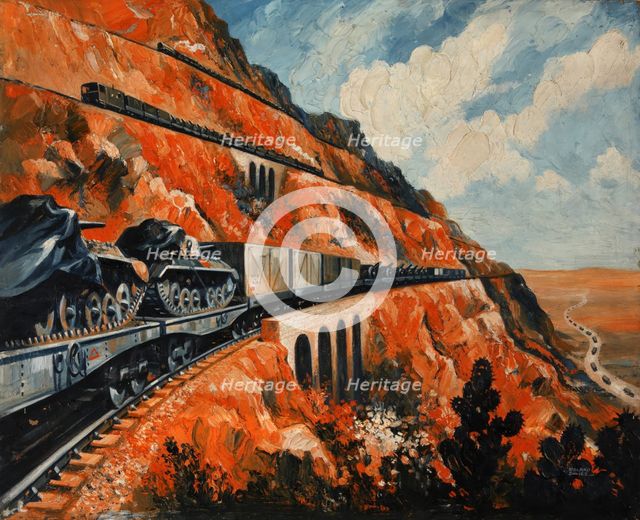 Mountain railway transporting tanks, between 1939 and 1946. Creators: Central Office of Information, Roland Davies.