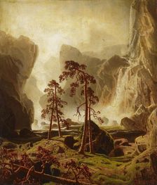 Mountain range and waterfall, 1851. Creator: Markus Larsson