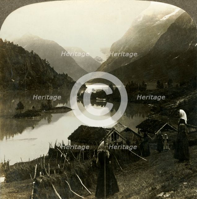 'Mountain-walled Loen Lake - unrivalled in beauty and grandeur - from Seten farm, Norway', c1905. Creator: Unknown.