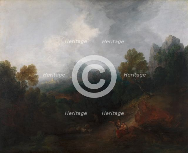 Mountain Valley with Figures and Distant Village, between 1773 and 1777. Creator: Thomas Gainsborough.