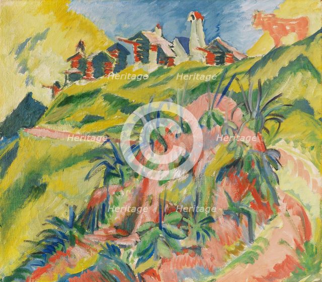 Mountain village with pink cow, 1919-1920. Creator: Ernst Kirchner.