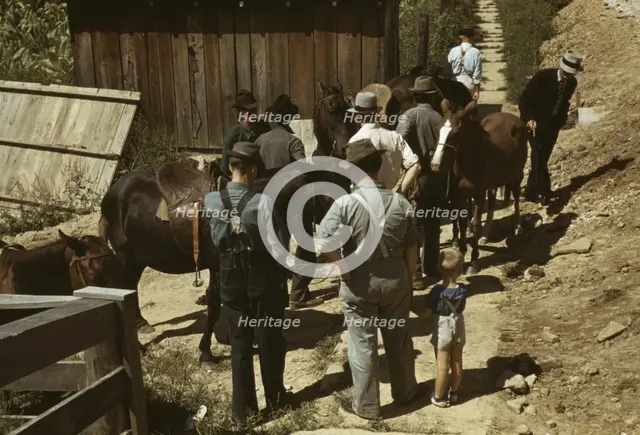 Mountaineers and farmers trading mules and horses on "Jockey St.,", Campton, Wolfe County, Ky., 1940 Creator: Marion Post Wolcott.