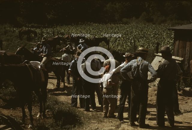 Mountaineers and farmers trading mules and horses on "Jockey St.,", Campton, Wolfe County, Ky., 1940 Creator: Marion Post Wolcott.