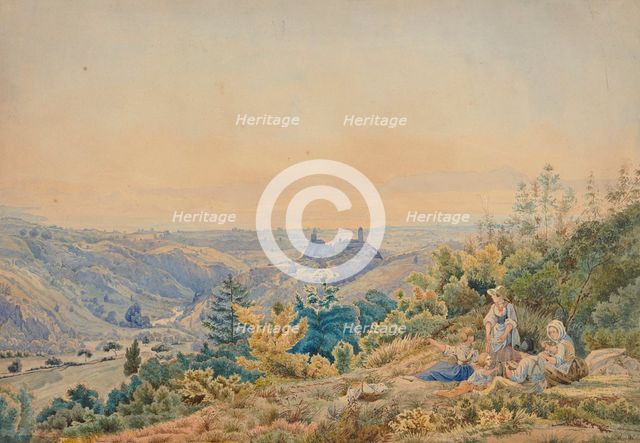 Mountainous landscape with a castle and river, a family resting in the foreground ,  c19th century. Creator: Unknown.