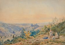 Mountainous landscape with a castle and river, a family resting in the foreground , c19th century. Creator: Unknown