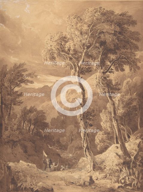 Mountainous Landscape with a Party of Travellers (Scene on the River Pellene Achaia), 1818-29. Creator: Hugh William Williams.
