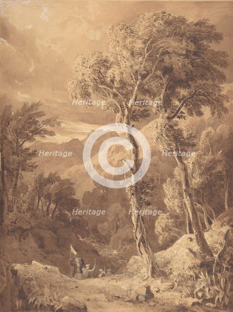 Mountainous Landscape with a Party of Travellers (Scene on the River Pellene Achaia), 1818-29. Creator: Hugh William Williams.