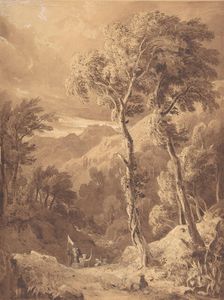 Mountainous Landscape with a Party of Travellers (Scene on the River Pellene Achaia), 1818-29. Creator: Hugh William Williams