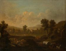 Mountainous Landscape with Figures Resting and Covered Wagon, 1700-1800. Creator: Dutch Master