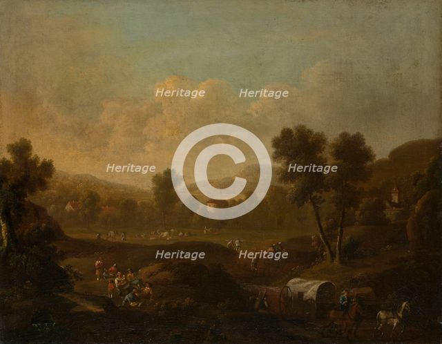 Mountainous Landscape with Figures Resting and Covered Wagon, 1700-1800. Creator: Dutch Master.